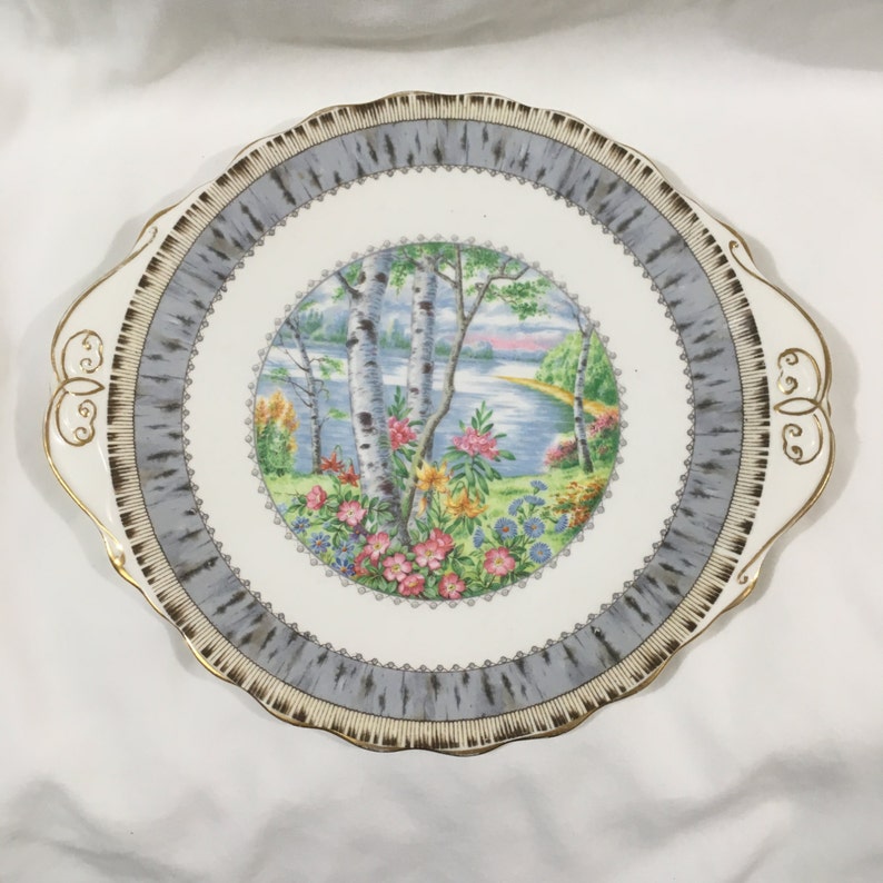 Pu&ograve; includere: Un piatto da torta in ceramica bianca con un bordo grigio e dorato. Il centro del piatto presenta una scena colorata di un lago con alberi e fiori.