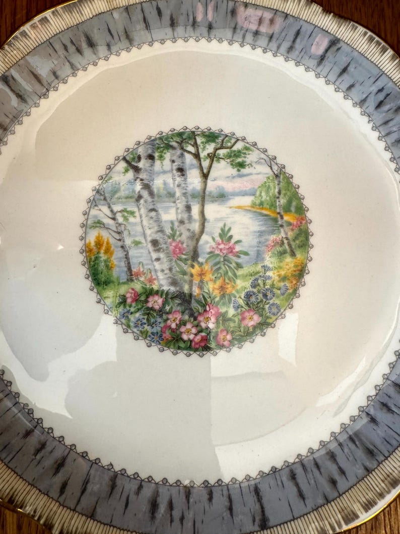 Pu&ograve; includere: Un piatto in ceramica bianca con un bordo grigio e dorato. Al centro del piatto, un disegno circolare che rappresenta una scena di foresta di betulle con un lago e fiori in tonalit&agrave; di rosa, giallo, verde e blu.
