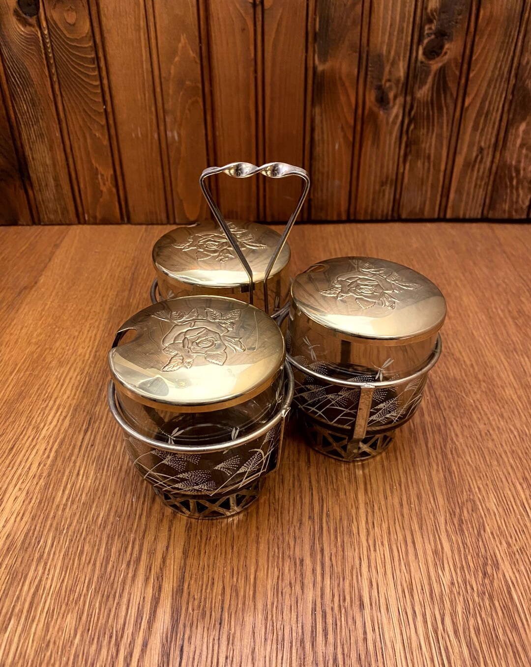 Vintage Libbey Glass Condiment Caddy Lazy Susan 3 Condiment Etsy