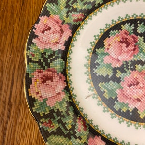 Royal Albert Crown China Needle Point Plates. Choice of Size, Pink Roses on Black Background image 5