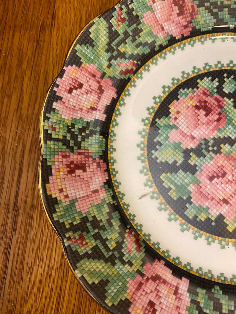 Royal Albert Crown China Needle Point Plates. Choice of Size, Pink Roses on Black Background image 5