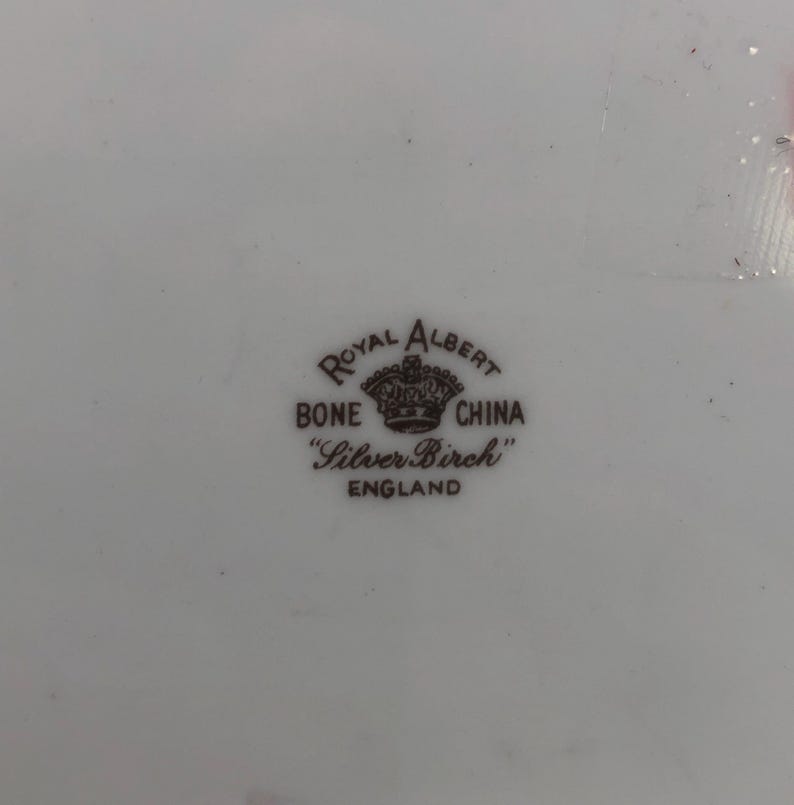 Pu&ograve; includere: Primo piano di un marchio in porcellana ossea Royal Albert marrone e bianco con una corona e le parole "Bone China" e "Silver Birch" in un cerchio.