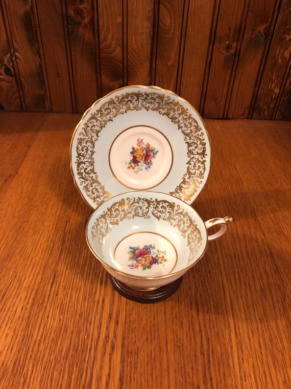 Vintage Paragon Blue with Gold Swirls Hand Painted Flowers Teacup and Saucer Vintage Blue Floral Cup and Saucer