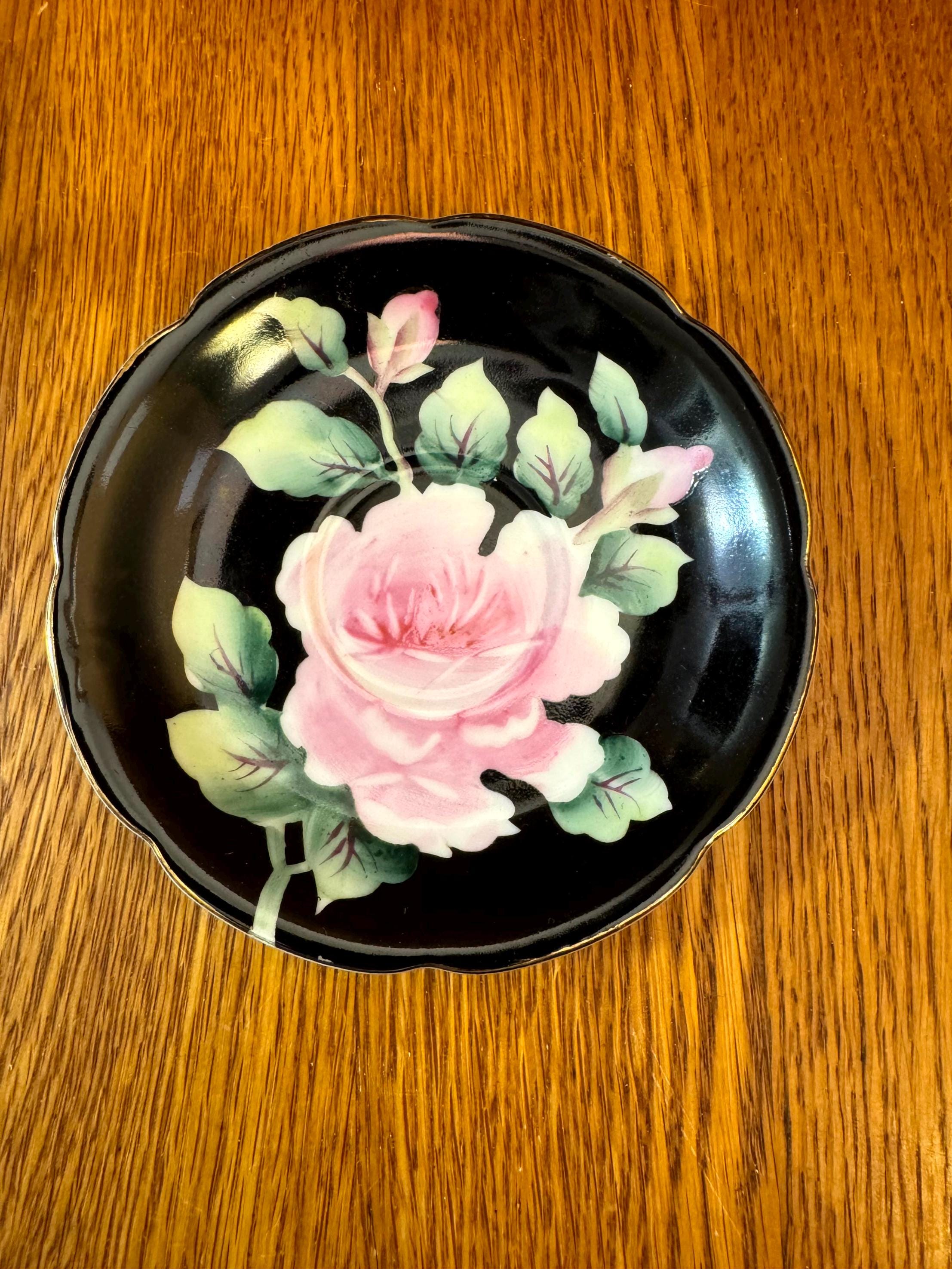 Occupied Japan Teacup and Saucer: Black China, Pink Cabbage Rose