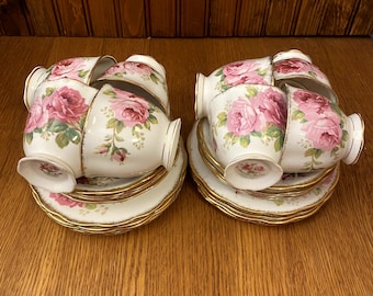 24-delige Royal Albert American Beauty Trio's, theekopje, schotel en bordje, roze koolroos dessertset voor 8 personen