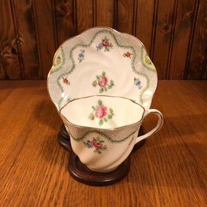 Salisbury Bone China Pink Roses with Unique Grey Wavy Border Teacup and Saucer Swirl Vintage Cup and Saucer