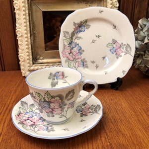 Royal Stafford Pink and Blue Floral Teacup, Saucer, Bread and Butter Plate Trio