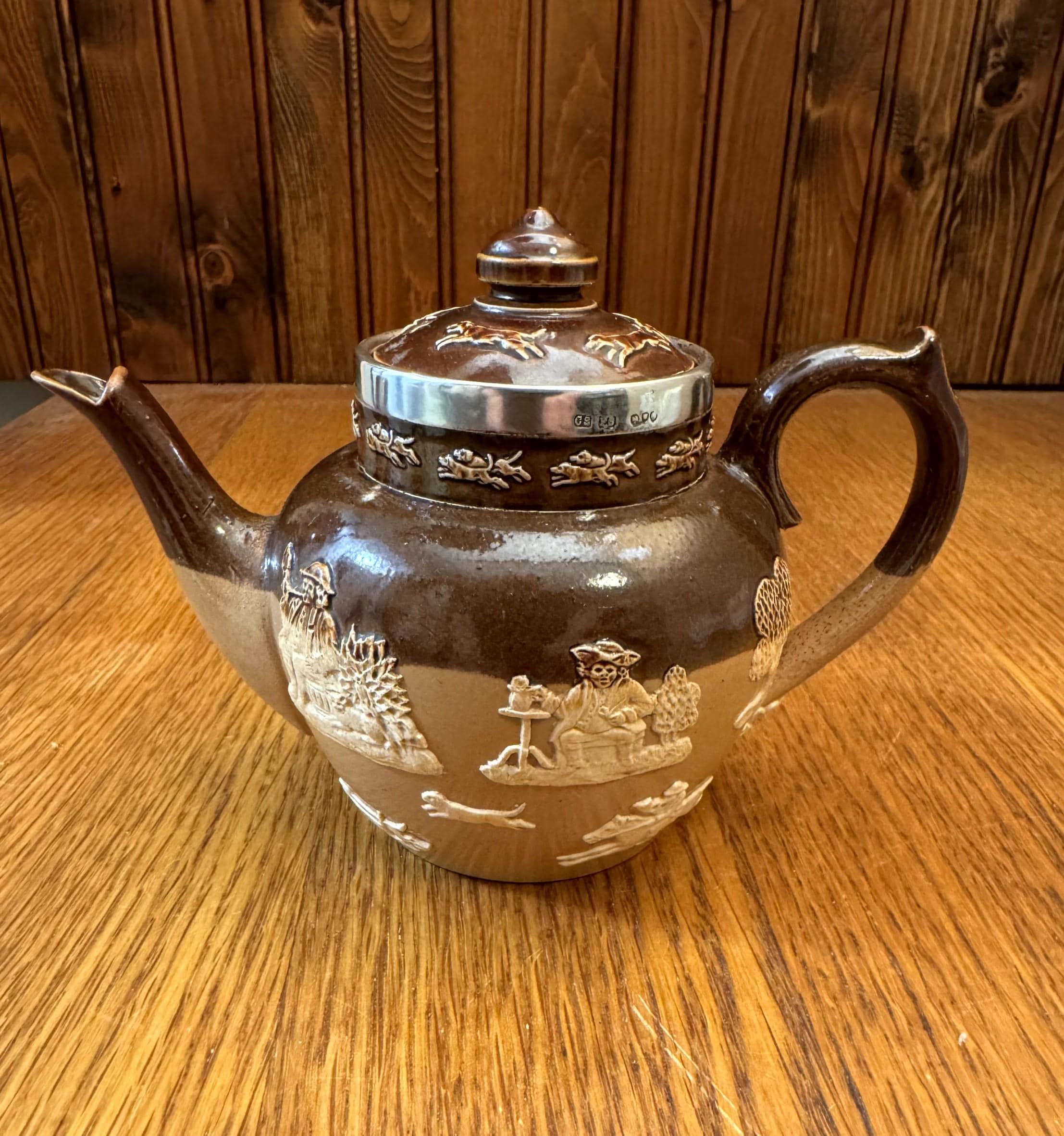 Doulton Lambeth, Hunting and Tavern Scenes, Silver Rimmed Teapot c1880, Doulton Lambeth Harvest