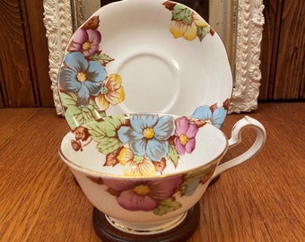 Queen Anne Fine Bone China Hand Painted African Violets Footed Cup and Saucer