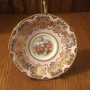 Vintage Paragon Pink with Gold Swirls Flowers and a Bird Orphaned  Tea Cup Saucer