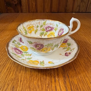 Royal Albert Bone China, Doris Shape Teacup and Saucer, Yellow and Purple Poppy&#39;s, Hand Painted Poppy
