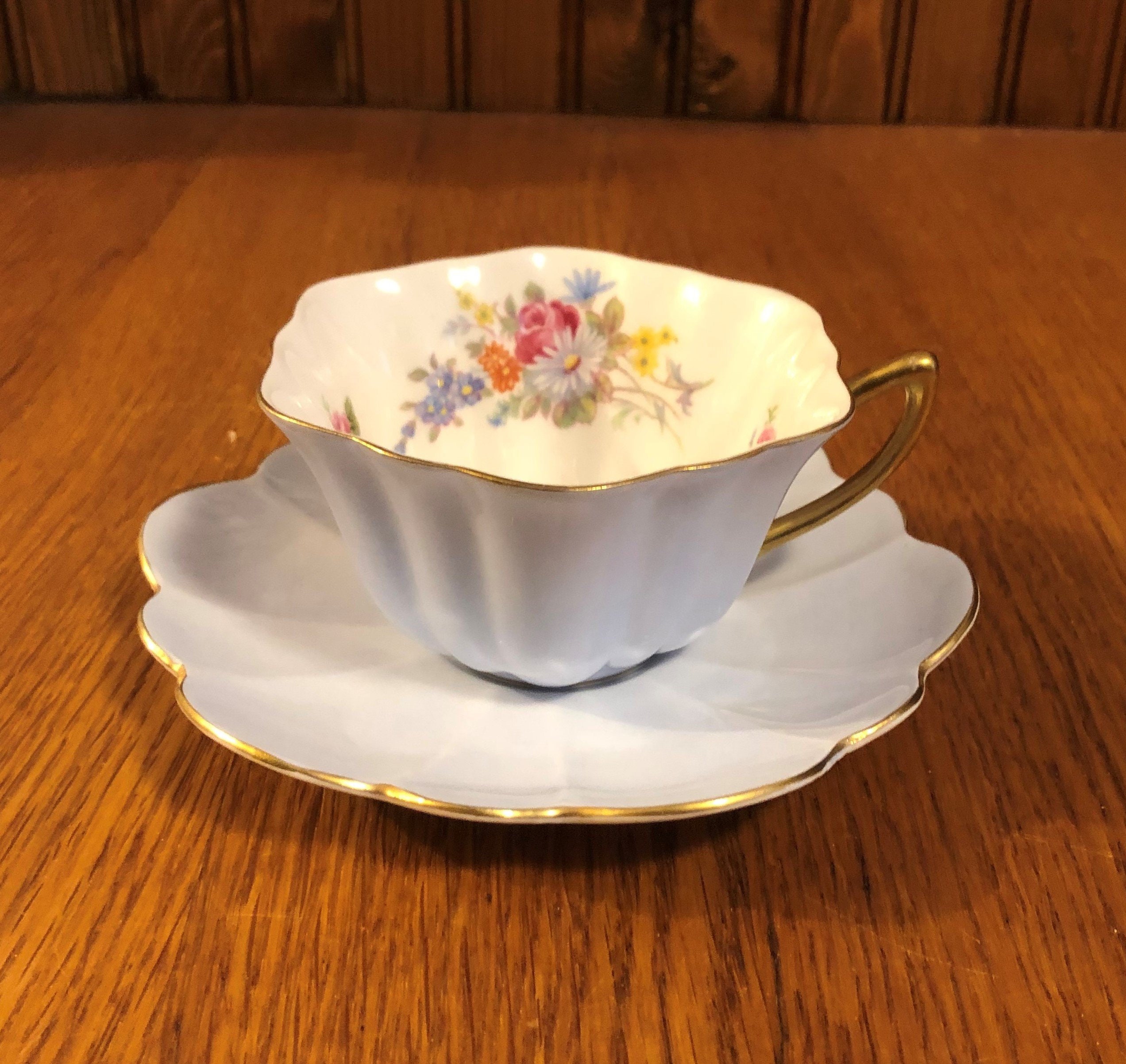 Shelley China Pale Blue Interior Floral Teacup and Saucer Shelley Vintage Tea Cup and Saucer