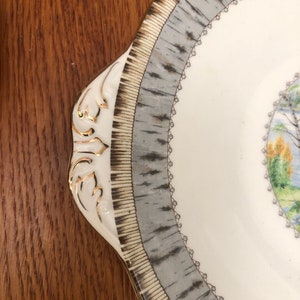 Pu&ograve; includere: Un piatto in ceramica bianca con un bordo grigio e dorato. Il piatto presenta un disegno floreale con un albero e un uccello. Il piatto ha un bordo ondulato e un manico.