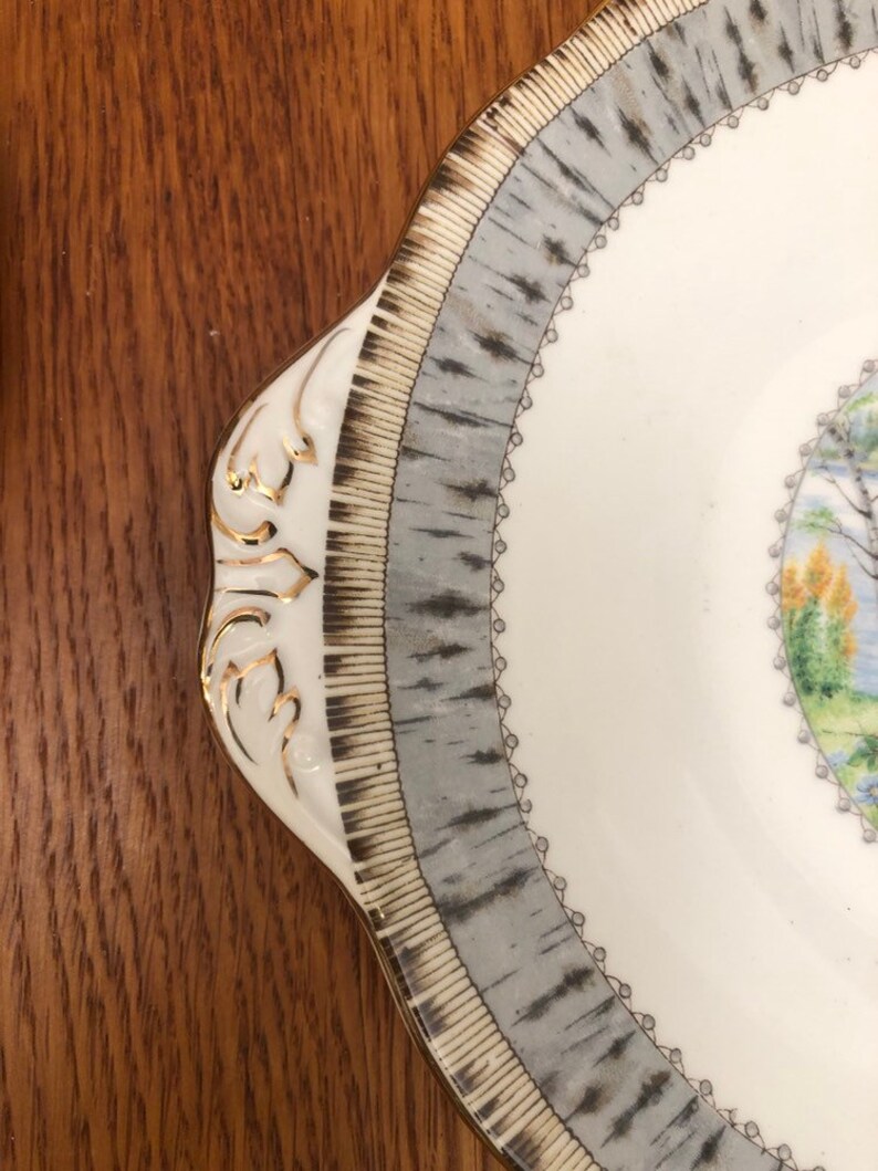 Pu&ograve; includere: Un piatto in ceramica bianca con un bordo grigio e dorato. Il piatto presenta un disegno floreale con un albero e un uccello. Il piatto ha un bordo ondulato e un manico.