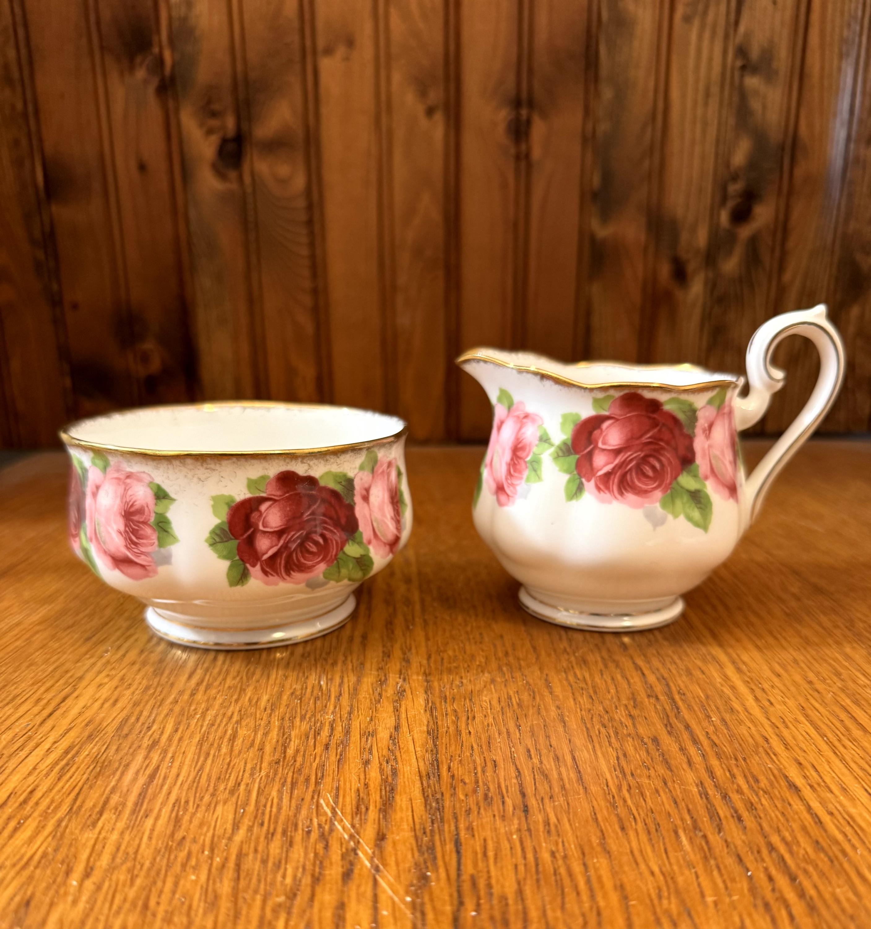 Royal Albert Old English Rose 8oz Cream and Large Open Sugar Bowl, Pink Cabbage Rose Set