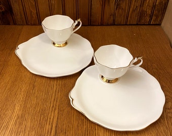2 Sets, Queen Anne White and Gold Snack Plate and Cup Set, Tennis Set