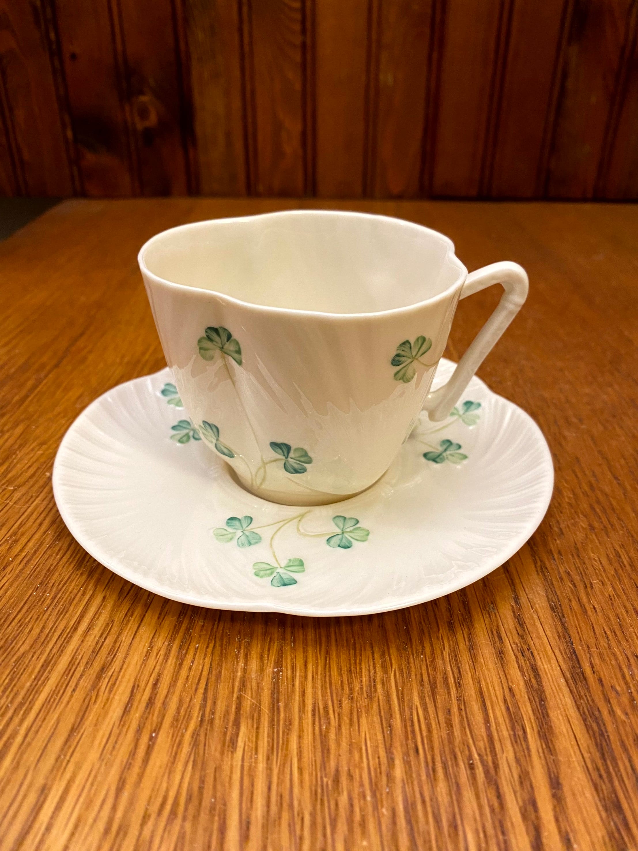 Belleek Basketweave Harp Shamrock Cup and Saucer in Original Box 