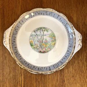 Pu&ograve; includere: Un piatto da portata in ceramica bianca con un bordo blu e oro. Il centro del piatto presenta un disegno circolare di una scena di foresta di betulle con un lago sullo sfondo.