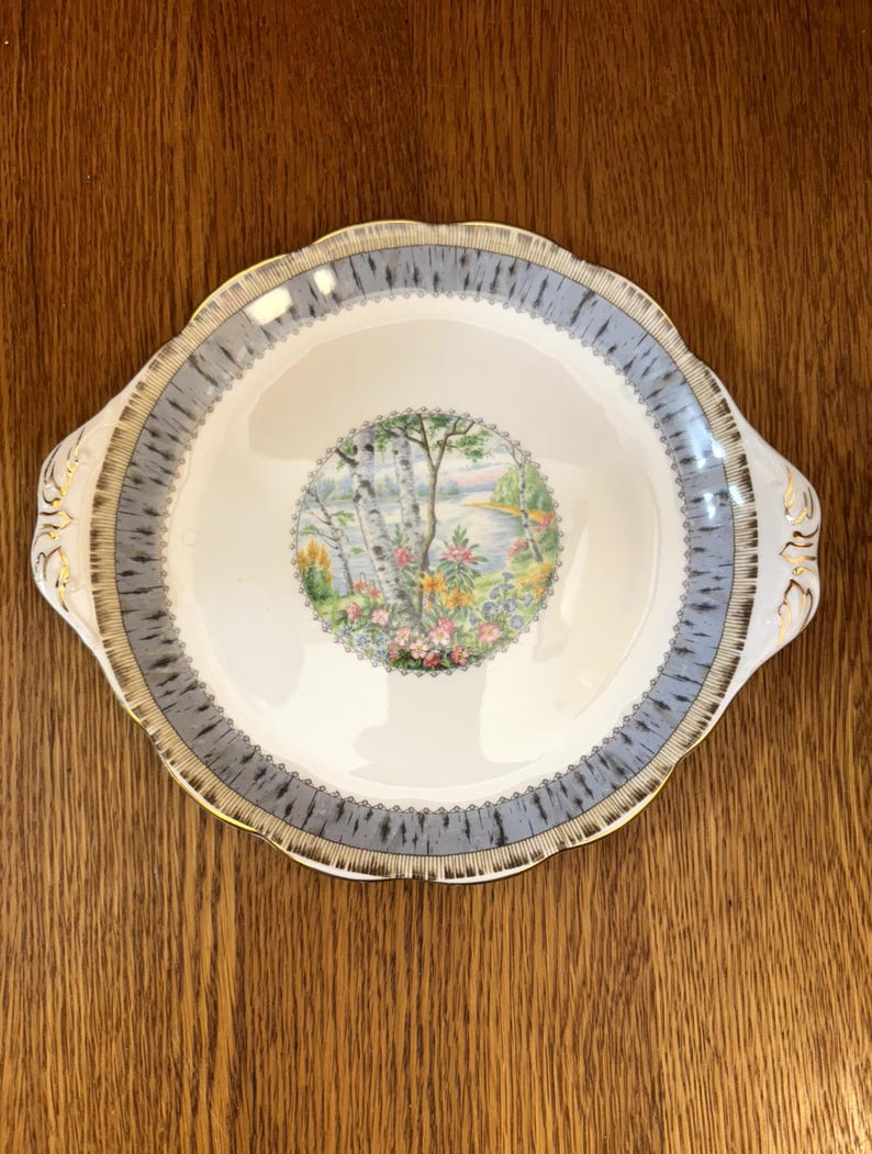 Pu&ograve; includere: Un piatto da portata in ceramica bianca con un bordo blu e oro. Il centro del piatto presenta un disegno circolare di una scena di foresta di betulle con un lago sullo sfondo.