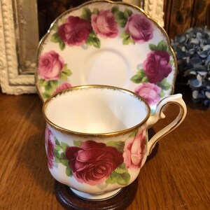Royal Albert Old English Rose Brushed Gold Cup and Saucer Pink Floral Teacup and Saucer