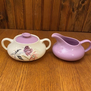 Myott England, Rosamunde, Purple and Floral Covered Sugar Bowl and Creamer Set