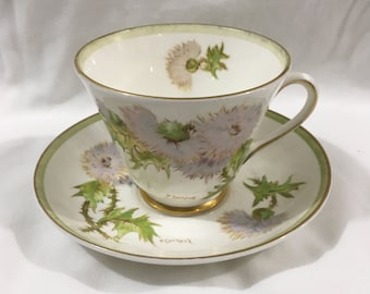 Royal Doulton Glamis Thistle Round Handle Teacup and Saucer- Signed Curnock, Lavender Thistle Cup and Saucer