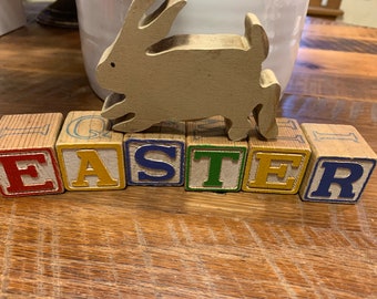 Vintage wooden blocks nursery Easter bunny