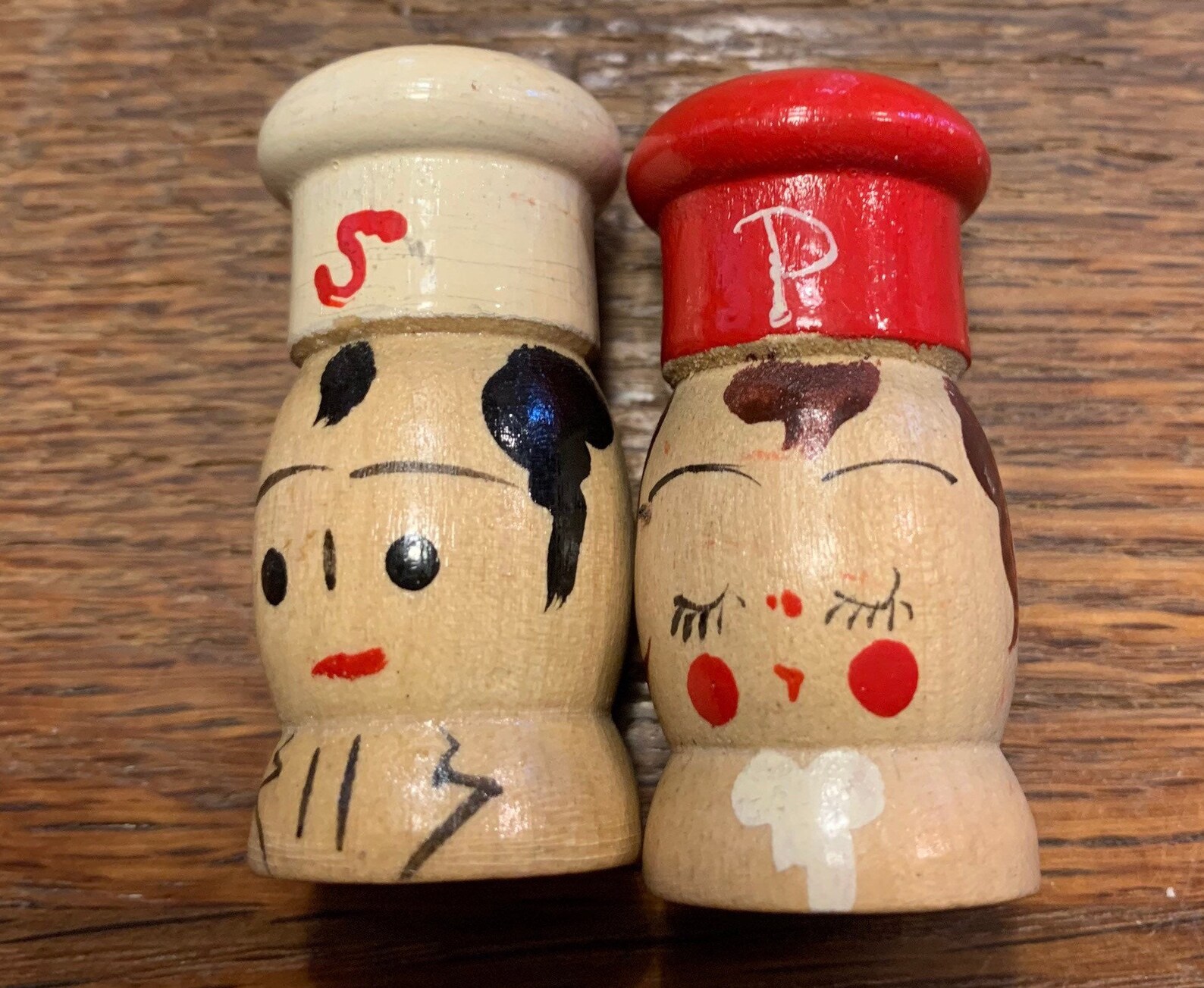 Vintage Wooden Salt and Pepper Shakers With Adorable Faces Etsy