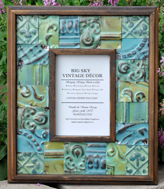 Photo Frame Antique Ceiling Tin Tile Barn Wood Vintage Decor Reclaimed Salvaged Wood Fr1844