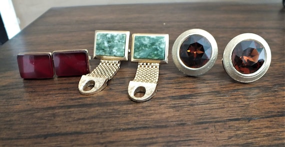 3 Pairs of Vintage Men's Cufflinks, Green Cufflin… - image 1