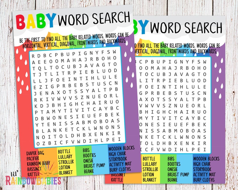 baby shower word search rainbow baby shower game printable etsy
