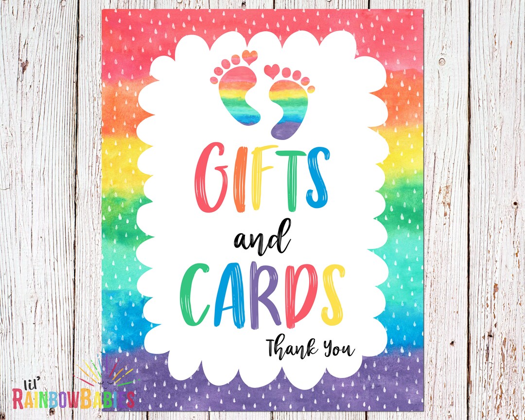 Gifts and Cards Sign, Rainbow Baby Shower Party Sign, Printable Baby