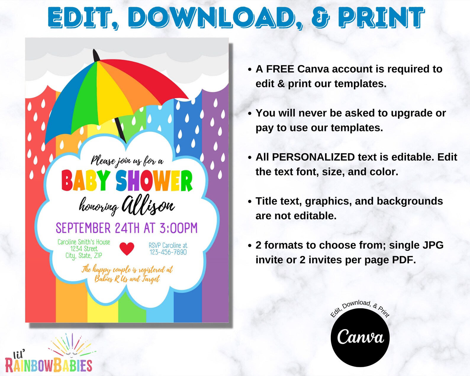 Rainbow Baby Shower Invitation Template EDITABLE & PRINTABLE Etsy