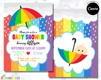 Rainbow Baby Shower Invitation Template, EDITABLE & PRINTABLE Baby Shower Invitations, Canva Template, Bright Rainbow Invite, Pale Skin Tone