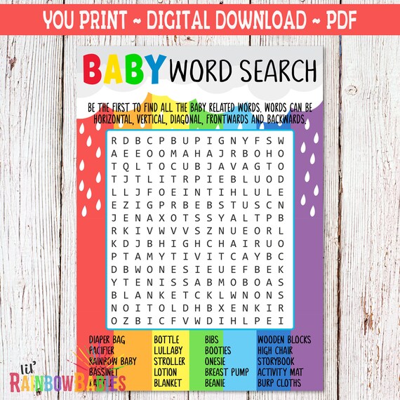 baby shower word search rainbow baby shower game printable etsy