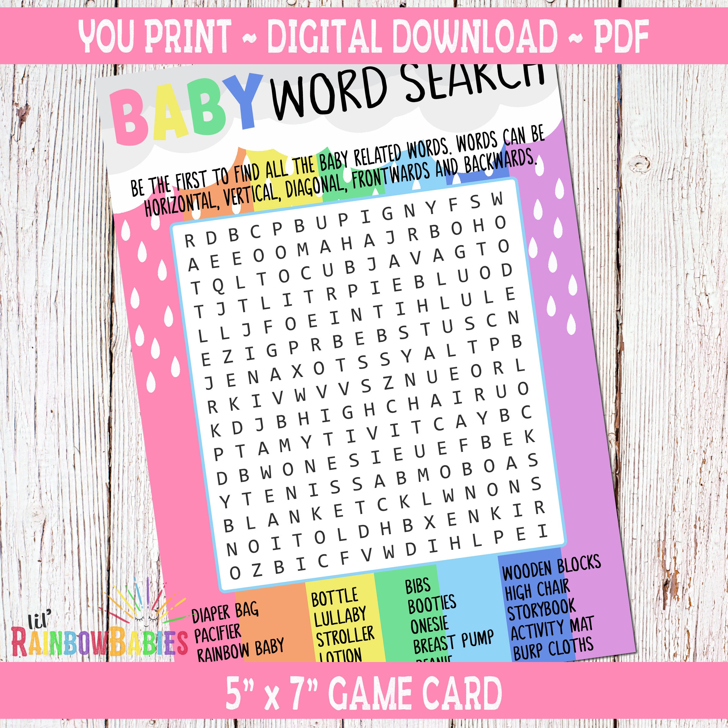 baby shower word search rainbow baby shower game printable etsy