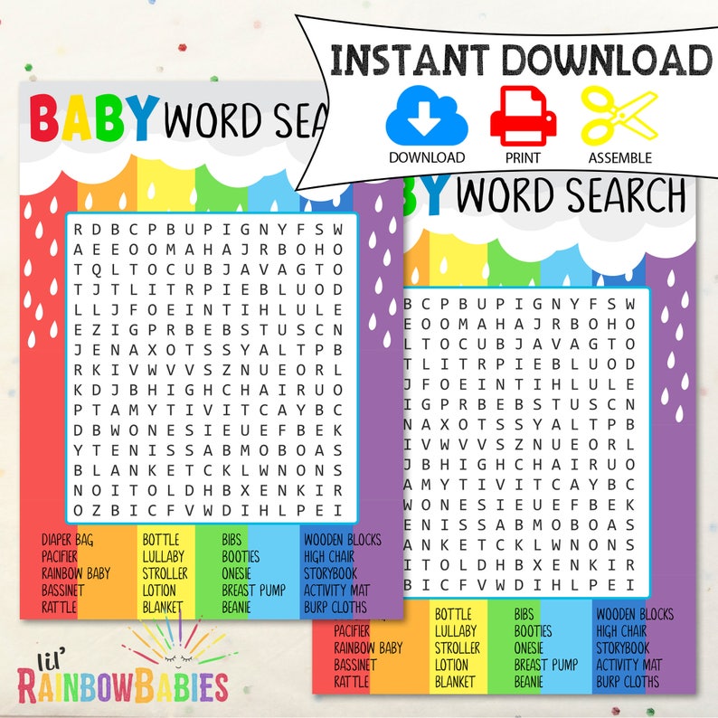 baby shower word search rainbow baby shower game printable etsy