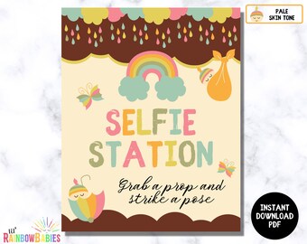 PRINTABLE Selfie Station Sign, Rainbow Photo Booth Sign, Grab A Prop Sign, Bright Rainbow Baby Shower Party Sign, INSTANT DOWNLOAD