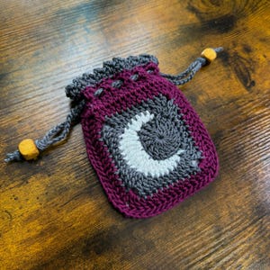 Drawstring Pouch, Crystal Pouch, Dice Pouch, Drawstring Bag, Crocheted Pouch, Fabric Lined, Moon Pouch
