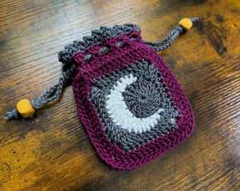 Drawstring Pouch, Crystal Pouch, Dice Pouch, Drawstring Bag, Crocheted Pouch, Fabric Lined, Moon Pouch