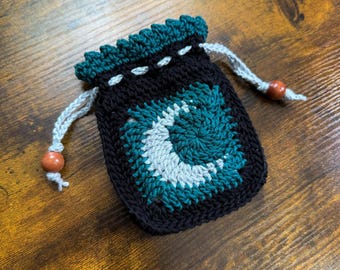 Drawstring Pouch, Crystal Pouch, Dice Pouch, Drawstring Bag, Crocheted Pouch, Fabric Lined, Moon Pouch