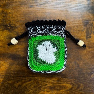 Drawstring Pouch, Crystal Pouch, Dice Pouch, Drawstring Bag, Crocheted Pouch, Fabric Lined, Ghost Pouch
