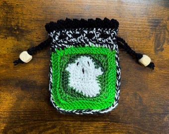 Drawstring Pouch, Crystal Pouch, Dice Pouch, Drawstring Bag, Crocheted Pouch, Fabric Lined, Ghost Pouch