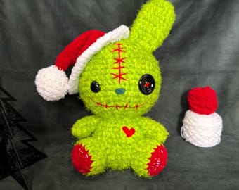 The Grinch Crochet Bunny, Jumbo Plushie, Zombie Bunny, Gift, Spooky Bunny, Creepy Cute, Crochet Plush, Amigurumi, Christmas Gift