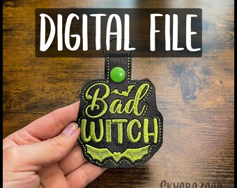 Snap Tab Embroidery Design, Embroidery File, Embroidery File Key fob, Embroidery Keychain, Embroidered Key fob, Bad Witch Keychain, Witch