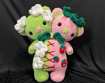 Jumbo Two Headed Plushie Strawberry Bear, Jumbo Crochet Doll, Two Head Crochet Plush, Custom Doll, Halloween Plush, Made to order Doll