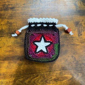Drawstring Pouch, Crystal Pouch, Dice Pouch, Drawstring Bag, Crocheted Pouch, Fabric Lined, Star Pouch