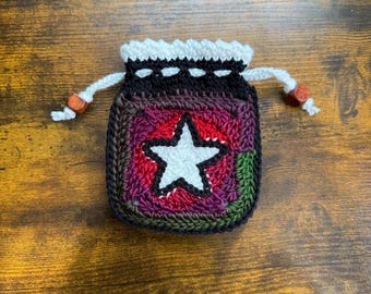 Drawstring Pouch, Crystal Pouch, Dice Pouch, Drawstring Bag, Crocheted Pouch, Fabric Lined, Star Pouch