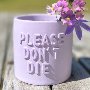 Könnte beinhalten: Ein lavendelfarbener Keramiktopf mit dem Text "PLEASE DON'T DIE" in erhabenen Buchstaben. Ein Strauß aus lila und rosa Blumen steht im Topf.