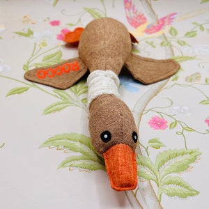Dog toy plush toy duck personalized with your dog's name with squeaker toy fetch goose brown orange print